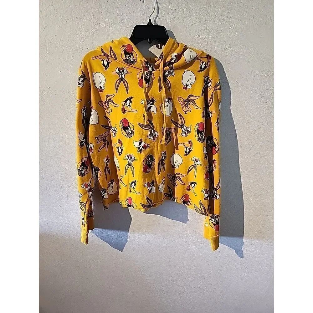 Looney Tunes Crop Top Hoodie Bugs Bunny Daffy Duck Size Xl Yellow
